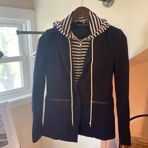 Navy blazer with removable striped hoodie